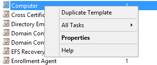 Machine generated alternative text:
Ccmputer 
Cross Certifi 
Directory E 
Domain Con 
Domain Con 
EFS Recove 
Enrollment Agent 
Duplicate Template 
All Tasks 
P rope rties 
Help 