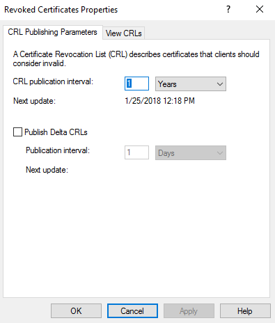 Revoked Certificates Properties 
CR L Publishing Parameters View CRLs 
A Certificate Revocation List (CRL) describes certificates that clients should 
consider valid 
CRL publication interval 
update 
Publish Delta CRLs 
Publication interval 
update 
1/25/2018 12 18 PM 