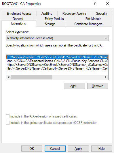 ROOTCAOI-CA Properties 
Enrollment Agents 
Select 
Auditing 
Reco very Agents 
Security 
P olicy Modula 
Storage 
Certificate Managers 
Authority Information Access (AA) 
Specify locations from which users can obtain the certificate for this CA 
tCaName 
Idap Key Services CN=S 
http://<ServarDNSName srcset=